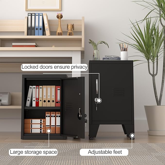 24.5"H Metal Locker Storage Cabinet with Lock - Small Lockable Employees Locking Cabinet Steel Locker Adjustable Shelf & Feet, Single Door Lockable Cabinet for Home, School, Office, Gym (Black)