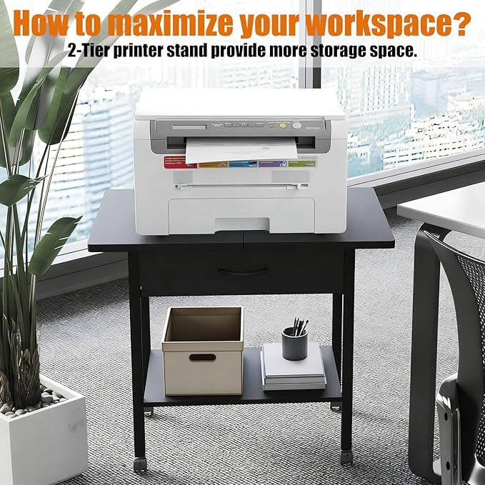 Large 22" x 15" Under Desk Printer Stand, 2-Tier Shelf Printer Table with Storage Fabric Drawer and Wheels, Rolling Cart for Home Office Fits 3D Printer, Scanner (Black)