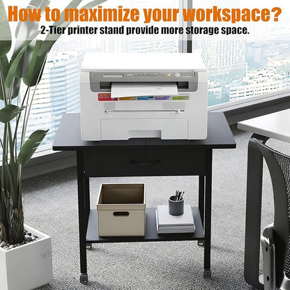 Large 22" x 15" Under Desk Printer Stand, 2-Tier Shelf Printer Table with Storage Fabric Drawer and Wheels, Rolling Cart for Home Office Fits 3D Printer, Scanner (Black)