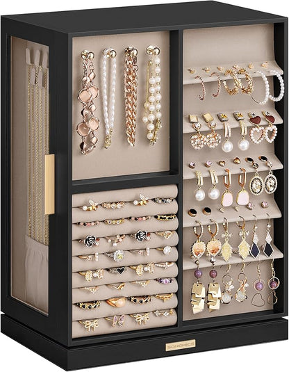 SONGMICS Jewelry Box 360° Rotating, Jewelry Storage Case with 7 Drawers, Jewelry Organizer, Glass Window, Spacious, Vertical Jewelry Storage, Open Design, Great Gift, Ink Black UJBC201B01