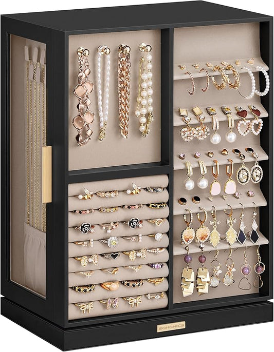 SONGMICS Jewelry Box 360° Rotating, Jewelry Storage Case with 7 Drawers, Jewelry Organizer, Glass Window, Spacious, Vertical Jewelry Storage, Open Design, Great Gift, Ink Black UJBC201B01