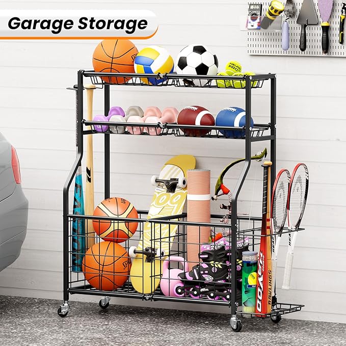TOOLF Garage Sports Equipment Organizer with Ball Rack & Basket, Heavy Duty Workout Storage Cart for Gym Equipment, Outdoor Toy Organizers, Black