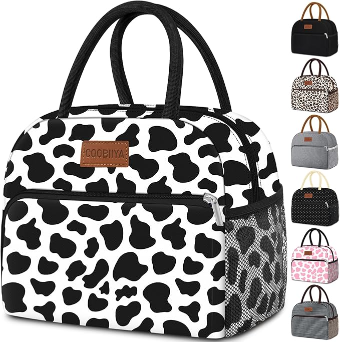 Coobiiya Lunch Bag Women, Lunch Box for Women Adult Men, Small Leakproof Cute Lunch Tote Large Capacity Reusable Insulated Cooler Lunch Container for Work/Office/Picnic/Travel-Cow
