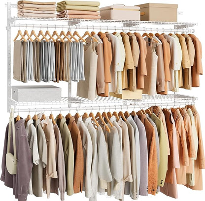 SONGMICS HOME Closet System, Closet Insert Organizer, 4-8 ft, Adjustable Metal Shelving Unit with 6 Hanging Rods, 6 Shelves, and Hooks, for Pantry Mudroom Garage Basement, Cloud White URGR032W01