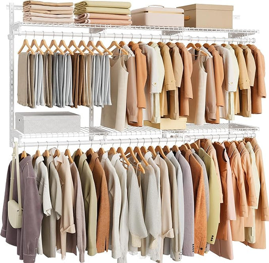 SONGMICS HOME Closet System, Closet Insert Organizer, 4-8 ft, Adjustable Metal Shelving Unit with 6 Hanging Rods, 6 Shelves, and Hooks, for Pantry Mudroom Garage Basement, Cloud White URGR032W01