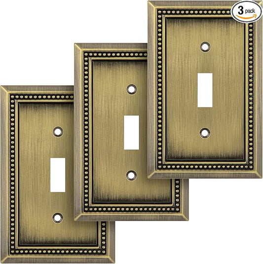 Henne Bery Sunken Pearls Heavy Duty Decorative Wall Plate Switch Plate Outlet Cover (Single Toggle, 3 Pack, Antique Brass)