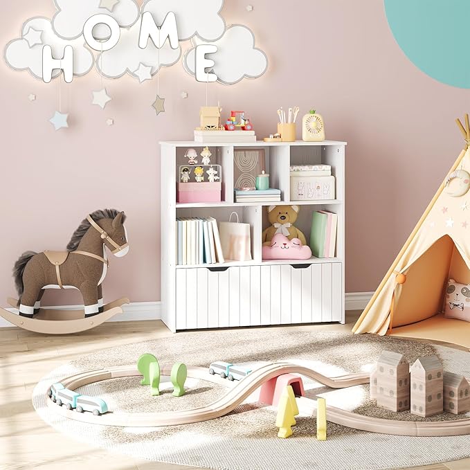HOOBRO Toy Storage Organizer, Toy Organizers and Storage with 2 Movable Drawers and 5 Cubbies, Toy Chest Shelf for Books or Dolls, Kids Bookshelf and Toy Storage for Playroom, White WT88CW01