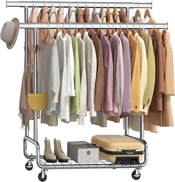 SONGMICS Clothes Rack, Heavy-Duty Rolling Clothing Garment Rack with Wheels, Extendable Double Hanging Rods and Adjustable Height, Portable, with Shelf and Hooks, Silver UHSR015E01