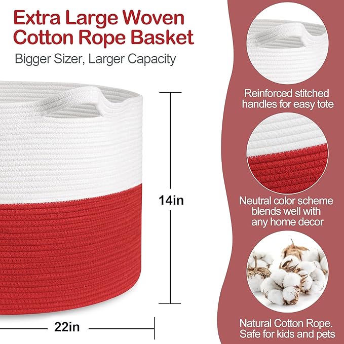 Large Red Baskets for Storage, 22x14 Wicker Woven Storage Basket, Blanket Organizer, Kids Toy Bin Box, Bathroom Beach Towel Basket, Basket for Gifts Decor, Fireplace Living Room Decoration