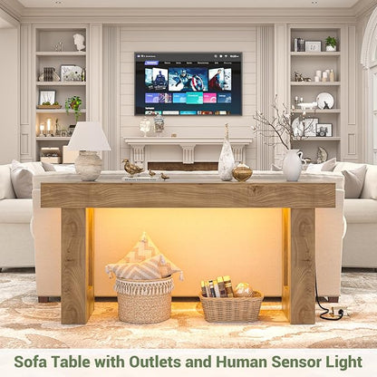 Unikito 63'' Farmhouse Console Table with Power Outlets and Sensor Light, Wooden Entryway Table with Storage, Rectangular Sofa Tables Behind The Couch for Entrance, Hallway, Living Room, Natural Oak