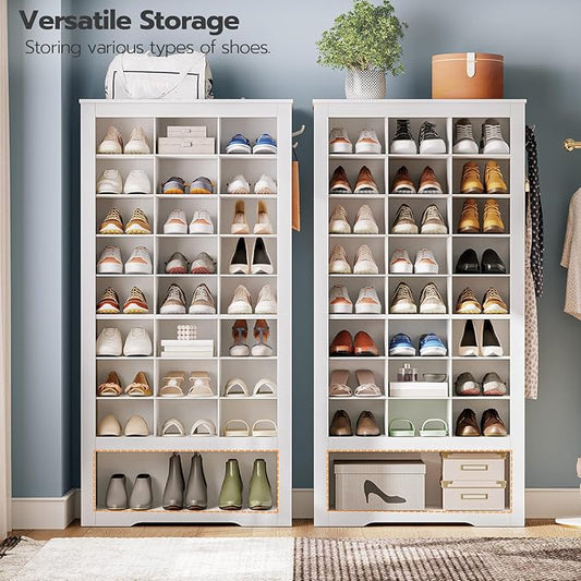HOOBRO Tall Shoe Cabinet, 9 Tier Shoe Storage Cabinet, Freestanding Wooden Shoe Cabinet Organizer with 24 Cubbies and 3 Hooks, for Entryway, Closet, Living Room, White WT24SC01