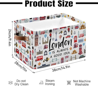London Themed Storage Basket, Collapsible Souvenir Bin with Handles for London Lovers -Red Bus & Big Ben Print Organizer for Travel Keepsakes, Kids Room, London Travel Gifts