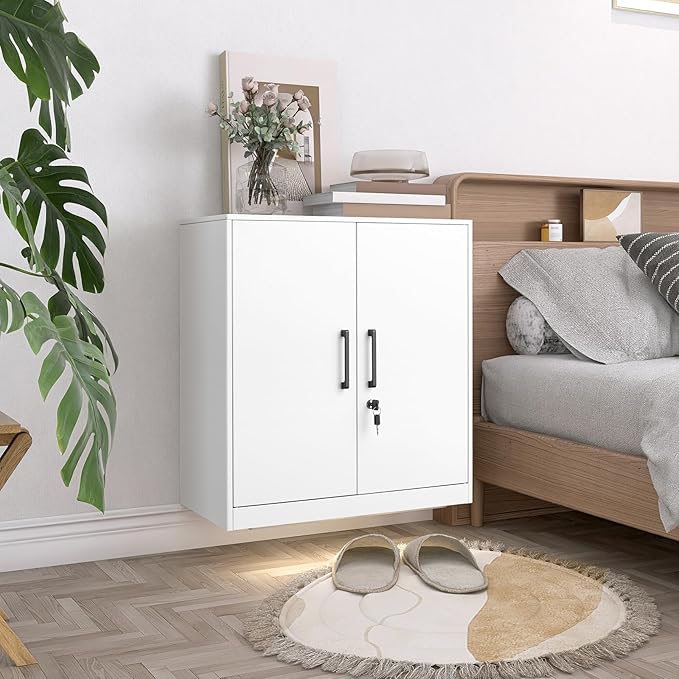 LUCYPAL Locking Storage Cabinets,Metal Cabinet with Adjustable Shelves and 2 Doors,Steel Counter Cabinet with Lockable Doors for Home Office (White)
