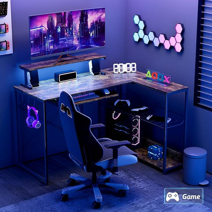 Computer Desk, L Shaped Gaming Desk with Monitor Stand & Storage Shelf & LED Light & USB Power Outlet, Reversible Shelves Corner Table with Keyboard Tray for Gaming, Home Office, Study