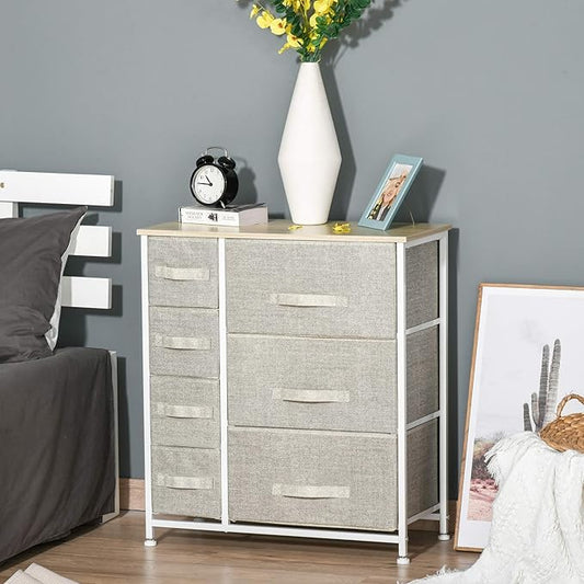 HOMCOM 7-Drawer Dresser Storage Tower Cabinet Organizer Unit, Easy Pull Fabric Bins with Metal Frame for Bedroom, Closets, Light Gray