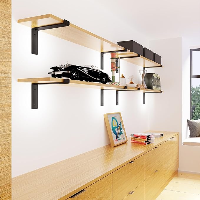 BATODA 8” Shelf Brackets with Lip (Match 7.25" Board) - 6 Pcs Z Shelf Bracket Black - Heavy Duty Hook Brackets for Shelves - Wall Mounted Support for DIY - Shelving Hardware Included (Pack 6)