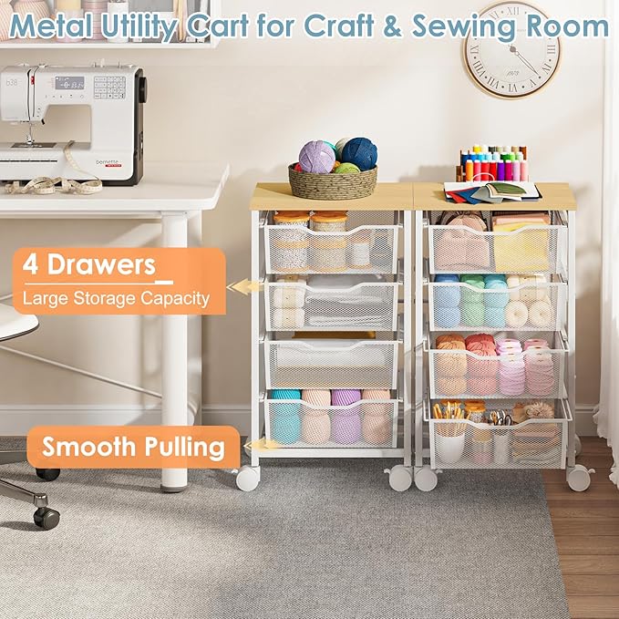 Utility Cart with 4 Drawers, Rolling Storage Cart, Metal Rolling Drawer Cart with Lockable Wheels and Wooden Tabletop, Craft Storage Art Cart for Living Room, Bedroom, Classroom, Office, White