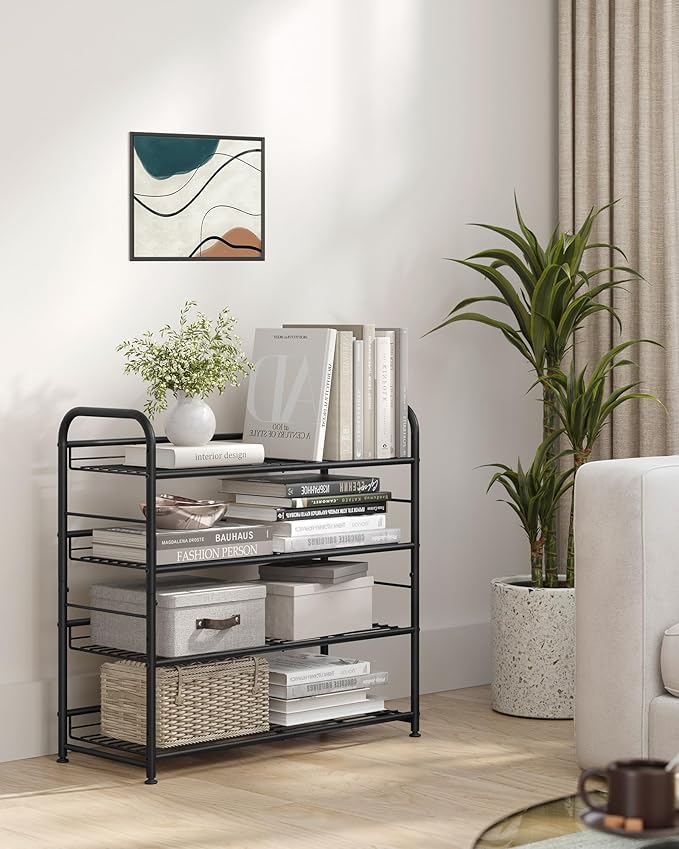 SONGMICS 4 Tier Shoe Rack, Stackable Storage Rack, Up to 16 Pairs, Metal, 68.5 x 27.5 x 65 cm, for High Heels, Sneakers, Slippers, in Entrance, Black LMR067B01