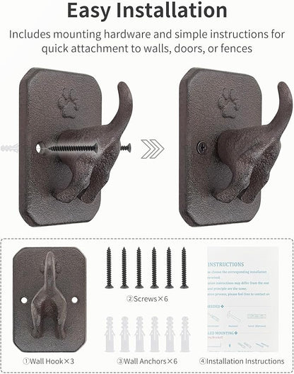 Cast Iron Dog Tail Wall Hooks - Heavy Duty Rustic Dog Leash Holder, Wall Mount Coat Hook for Hanging Key Towel Collar, Decorative Puppy Butt Paw Hanger for Farmhouse Entryway Mudroom, 3 Pack