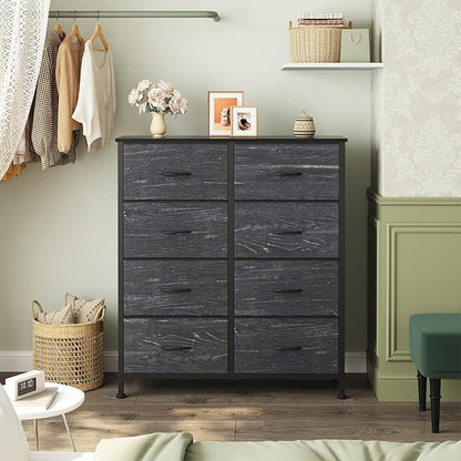 OLIXIS 8 Drawer Storage Dresser with Wood Top - Wide Fabric Chest Organizer for Bedroom, Closet, Living Room,Tower Cabinet, TV Stand, Hallway Entryway Furniture,Black Wood Grain