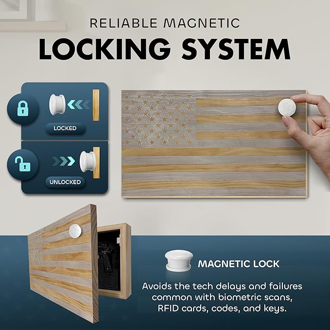 American Flag Hidden Gun Safe - Quick Access Hidden Gun Shelf - Concealment Shelf with Magnetic Lock - Wall Gun Safe for Secure Firearm Storage - Handcrafted In USA by Bellewood Designs (Whitewashed)