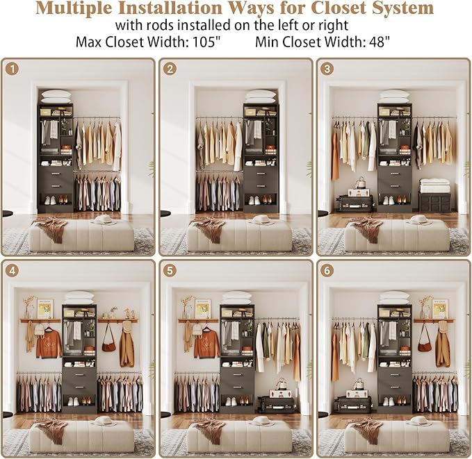 COTUBLR Closet System, 48" W - 105” W Closet Organizer with 24” Tower and 2 Extendable Hanging Rods, Walk-in Wardrobe Garment Rack with 2 Wooden Drawers and 6 Shelves, Fit up to 600 LBS (Black)