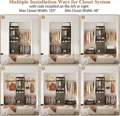 COTUBLR Closet System, 48" W - 105” W Closet Organizer with 24” Tower and 2 Extendable Hanging Rods, Walk-in Wardrobe Garment Rack with 2 Wooden Drawers and 6 Shelves, Fit up to 600 LBS (Black)
