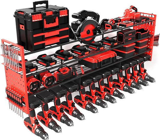 52" Heavy Duty Power Tool Organizer Wall Mount with 12 Drills Holder, 4-Tier Power Tool Storage Rack, DIY Pegboard Side Panels,4 Long Hooks, Garage Metal Tool Shelf for Battery,Drills