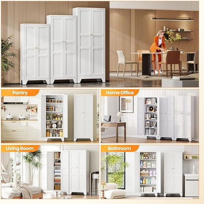 72" Tall Kitchen Cabinet Storage Unit With 2 Doors and 4 Adjustable Shelve, Metal White Freestanding Cupboard, 5 Tier Kitchen Pantry Storage Cabinet for Kitchen Dining/Living Room/Garage/Home/Office