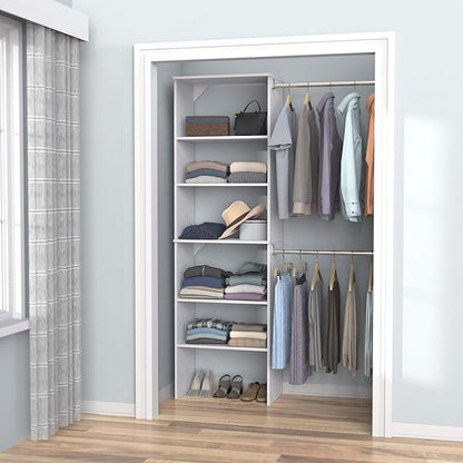ClosetMaid SuiteSymphony Wood Closet Organizer Starter Kit with Tower and 3 Hang Rods, Shelves, Adjustable, Fits Spaces 5 – 10 ft. Wide, Pure White