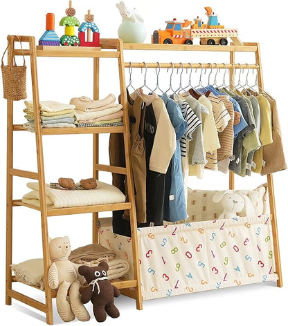 Kids Clothing Rack- Toddler Dress Up Rack with 5-Tier Open Shelves & Storage Bag, Baby Clothes Rack Small, Bamboo Garment Rack & Free Standing Clothes Rack, Mini Clothing Rack for Playroom