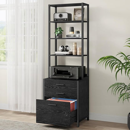 VASAGLE File Cabinet, Home Office Filing Cabinet with Height-Adjustable Open Shelves, 3 Drawers, for A4, Letter-Size Hanging File Folders, Steel Frame, for Home Office, Ebony Black UOFC078B16