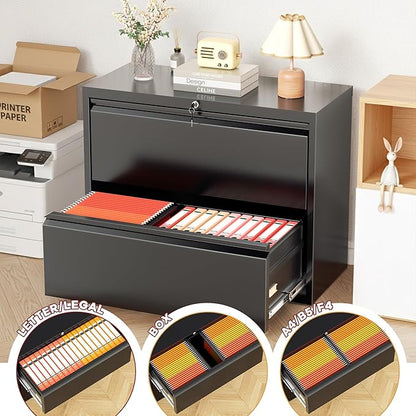 Bonusall File Cabinet, Lateral Filing Cabinet, 2 Drawer Metal File Cabinet with Lock, Lockable Filing Cabinet for Home Office, Hanging Files Letter/Legal/A4/F4 - Black