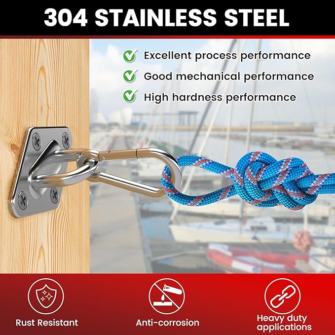 sprookber 304 Stainless Steel Pad Eye Snap Hooks, M5 Heavy Duty Ceiling Hooks, 500 lb Capacity Hammock Swing Hanging kit, Plant Hangers, Marine Hardware Staple Hook Loop with Screws, Set of 8