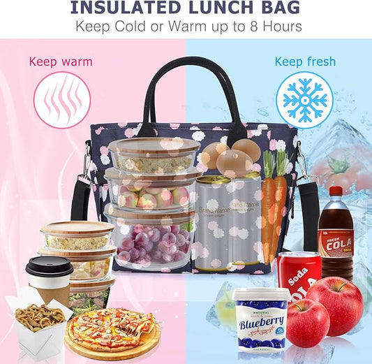 KIPBELIF Cute&Classy Roomy Insulated Lunch Bags for Women - Stylish & Functional Large Tote Adult Lunch Box for Working & Picnic (Dark Blue Plum, L)