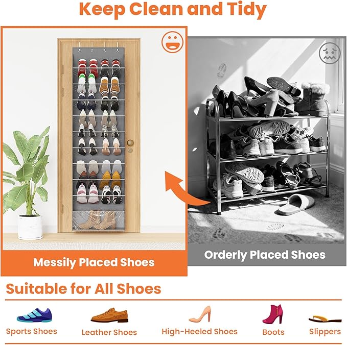 10-Tier Over The Door Organizer, Space Saving Hanging Shoes Organizer and Storage Unit, Organizer for Closet, Bedroom, Entryway, Grey