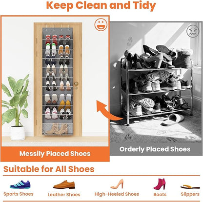 10-Tier Over The Door Organizer, Space Saving Hanging Shoes Organizer and Storage Unit, Organizer for Closet, Bedroom, Entryway, Grey