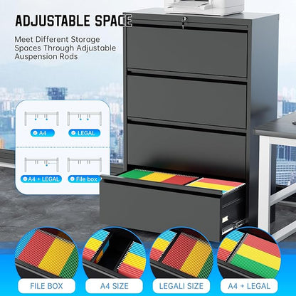 Greenvelly 4 Drawer Lateral File Cabinet with Lock, Black Locking Lateral Filing Cabinet with Drawers, Office Metal File Cabinets for Legal Letter Size with Keys and Hanging Frame