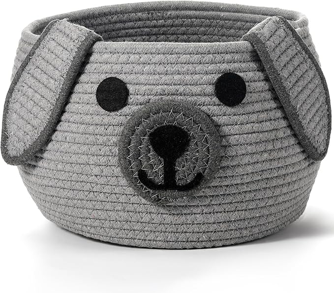 Zopeal Dog Woven Basket Cute Woven Cotton Rope Puppy Animal Storage Basket for Laundry Toy Gift(Gray,13 x 8 Inch)