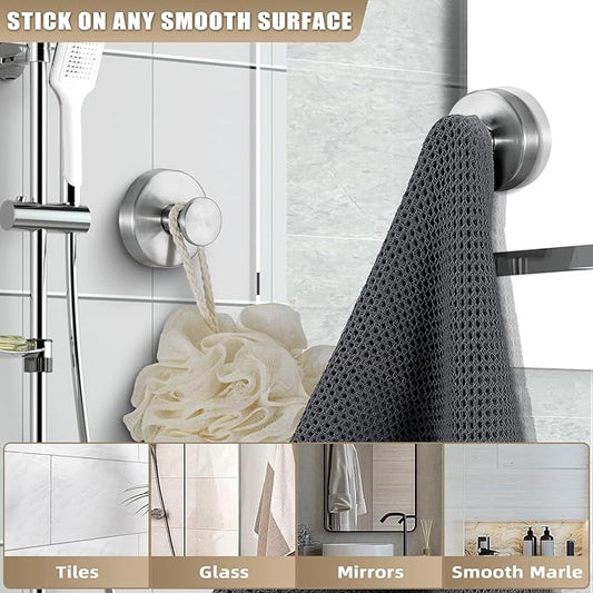 Suction Cup Hooks for Shower No-Drill Bathroom Hooks for Towels, Robes, Loofah Mountable on Bathroom Walls, Kitchen, Glass, Mirrors, Tile and Smooth,Non-Porous Surfaces (4, Brushed Nickel)