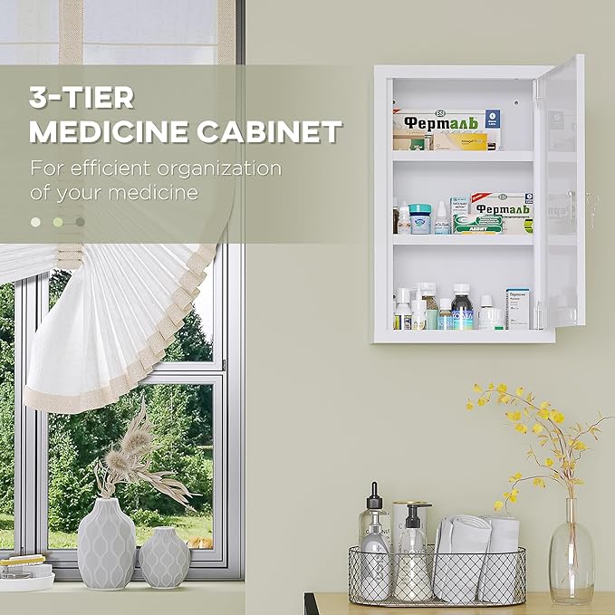 kleankin 12" x 18" Wall Medicine Cabinet with Lock, 3 Tier Steel Locking Wall Cabinet for Bathroom, Kitchen with 2 Keys, White