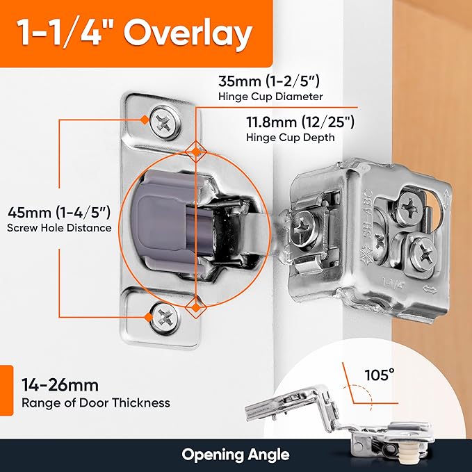 Decobasics 40 Pack Soft Close Cabinet Hinges 1-1/4" Overlay for Kitchen Cabinet Doors, Slow Self-Closing Concealed Hidden Hinges for Face Frame –Stainless Steel, 3-Way Adjustable & Quiet Close Damper