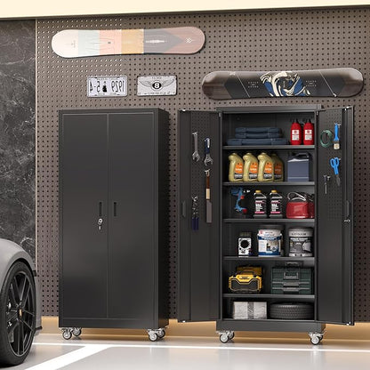 Metal Garage Storage Cabinet with Wheels & Pegboard, Lockable Metal Storage Cabinets with 2 Doors&5 Adjustable Shelves for Garage&Home,Assembly Required,Black 71''H x32''W x16''D