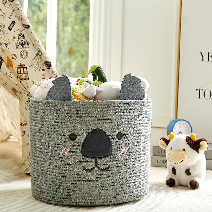 OMERAI Animal Koala Basket, Cute Cotton Rope Woven Large Blanket Basket, Toy Storage for Nursery decor and Laundry Organizer with Handles, baby hamper shower gift, 15"D x 12.6"H, Grey