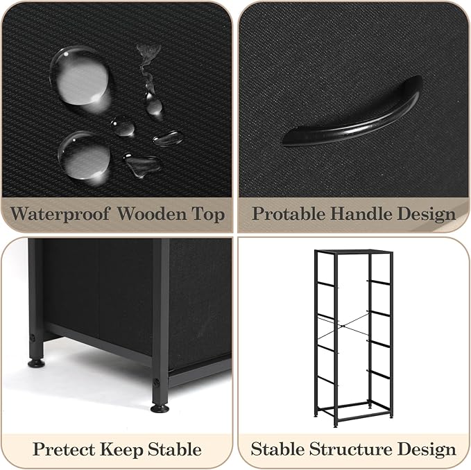 MOOACE 5 Drawer Dresser for Bedroom, Tall Fabric Storage Drawers, Tower Organizer Unit Chest of Drawers with Wooden Top for Closets Living Room Hallway Entryway, Metal Frame, Black