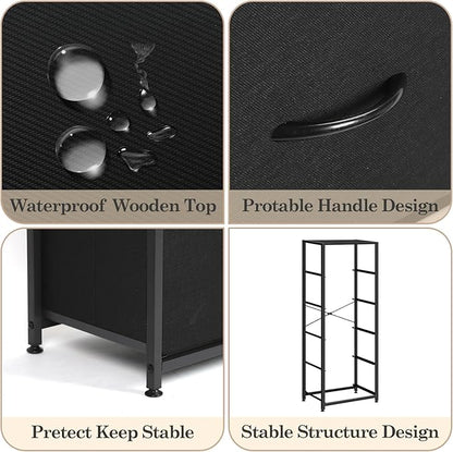 MOOACE 5 Drawer Dresser for Bedroom, Tall Fabric Storage Drawers, Tower Organizer Unit Chest of Drawers with Wooden Top for Closets Living Room Hallway Entryway, Metal Frame, Black