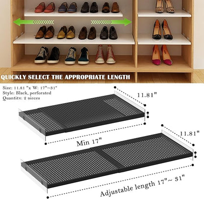 Closet Shelf Expandable-Large Metal Storage Rack DIY Divider Separator for Cabinet Wardrobe Cupboard Pantry Kitchen Bathroom (Perforated,Black, W: 11.81" x L: 17" to 31")