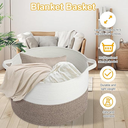 Large Laundry Basket 22''x14''Woven Cotton Rope Baby Blanket Basket for Living Room Girl Laundry Hamper Toy storage Baby basket Nursery Hamper Storage Bin (White+Brown)