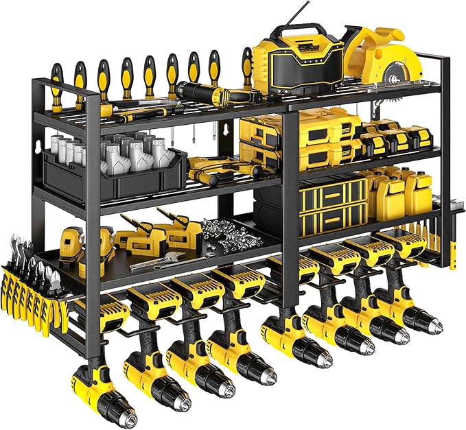 Power Tool Organizer Wall Mount, 4 Layer Heavy Duty Metal Power Tool Storage Rack, 8 Drill Holders Wall Mount, Utility Racks Cordless Tool Storage Rack for Garage Workshop