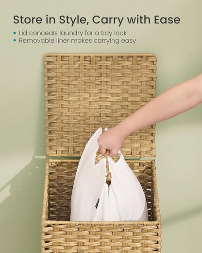 SONGMICS Laundry Hamper with Lid, 25 Gal (95L) PE Rattan Laundry Basket with Removable Washable Liners, for Bedroom & Living Room, Goose Yellow ULCB221YE01